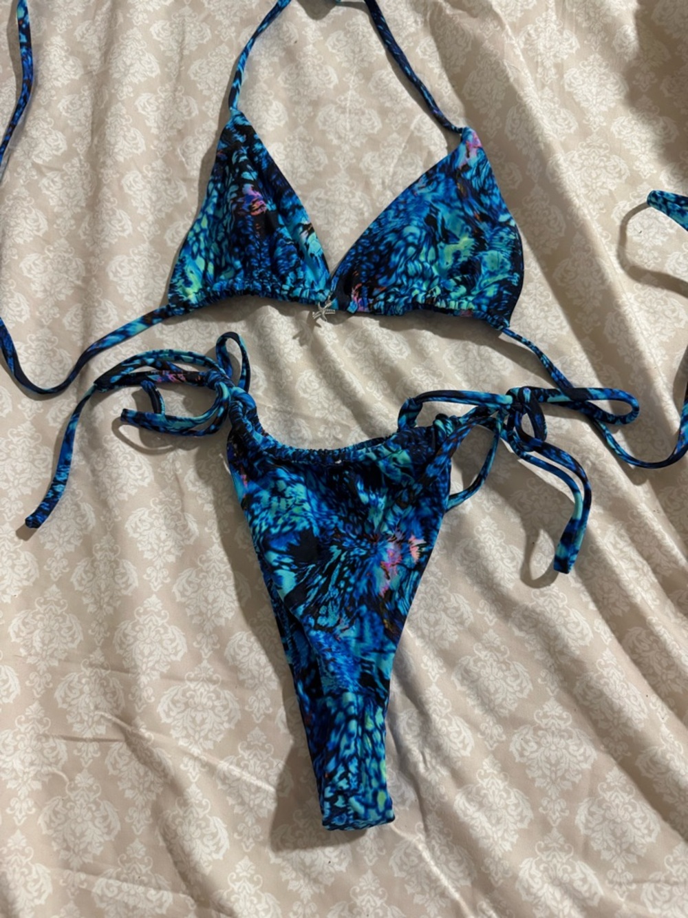 Blue Tie-Side Triangle Bikini Set - Tropical Print outcast xs